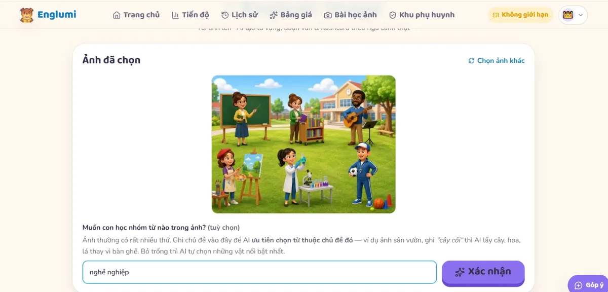 Ảnh vừa tải lên Englumi, chưa gắn nhãn, kèm ô ghi chủ đề muốn con học