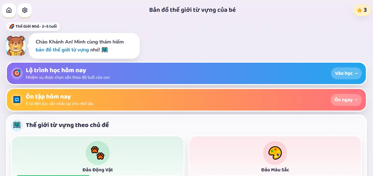 Bản đồ thế giới từ vựng của bé trong Englumi, có lộ trình học hôm nay và phần ôn tập