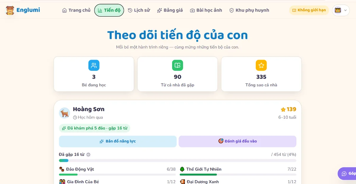 Trang Tiến độ Englumi: 3 bé đang học, 90 từ cả nhà đã gặp, 335 sao