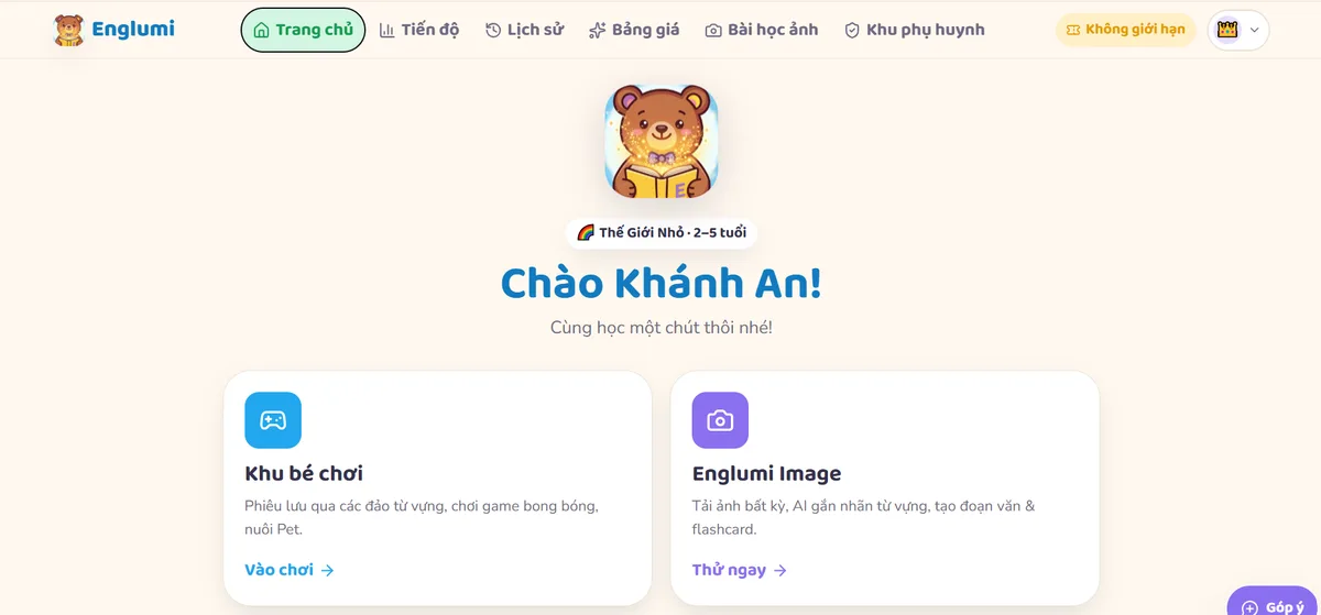 Trang chủ Englumi của bé với hai lựa chọn: Khu bé chơi và Bài học ảnh