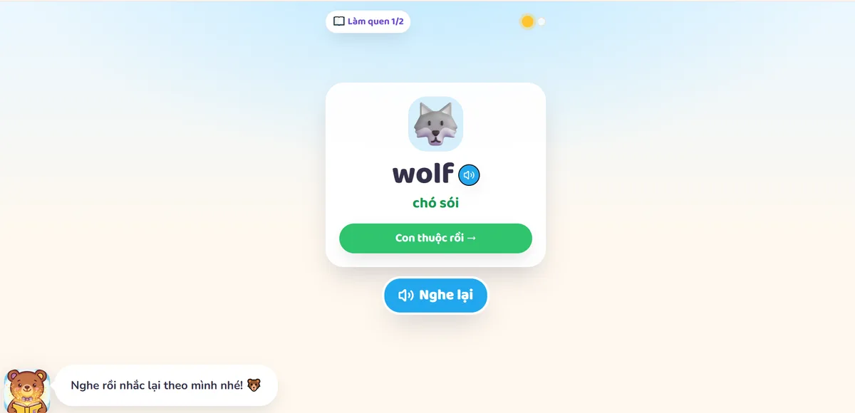 Màn hình học từ mới trong Englumi: hình con sói, từ “wolf”, nghĩa “chó sói” và nút nghe phát âm