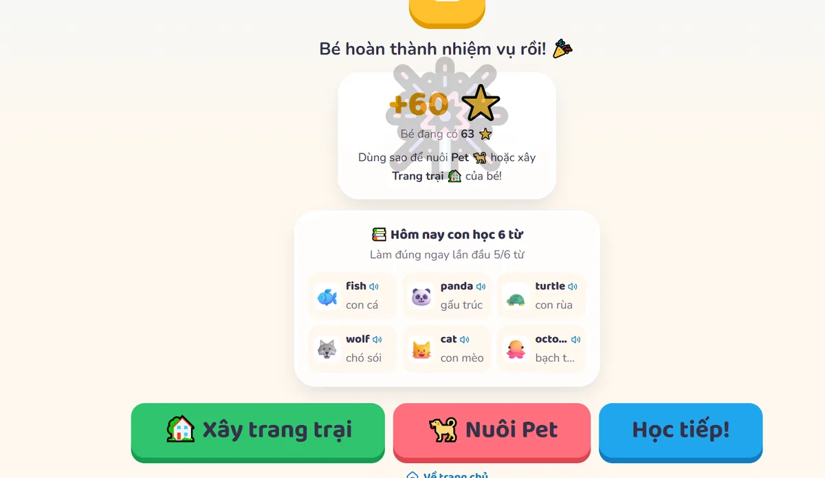 Màn hình kết quả buổi học trong web app Englumi